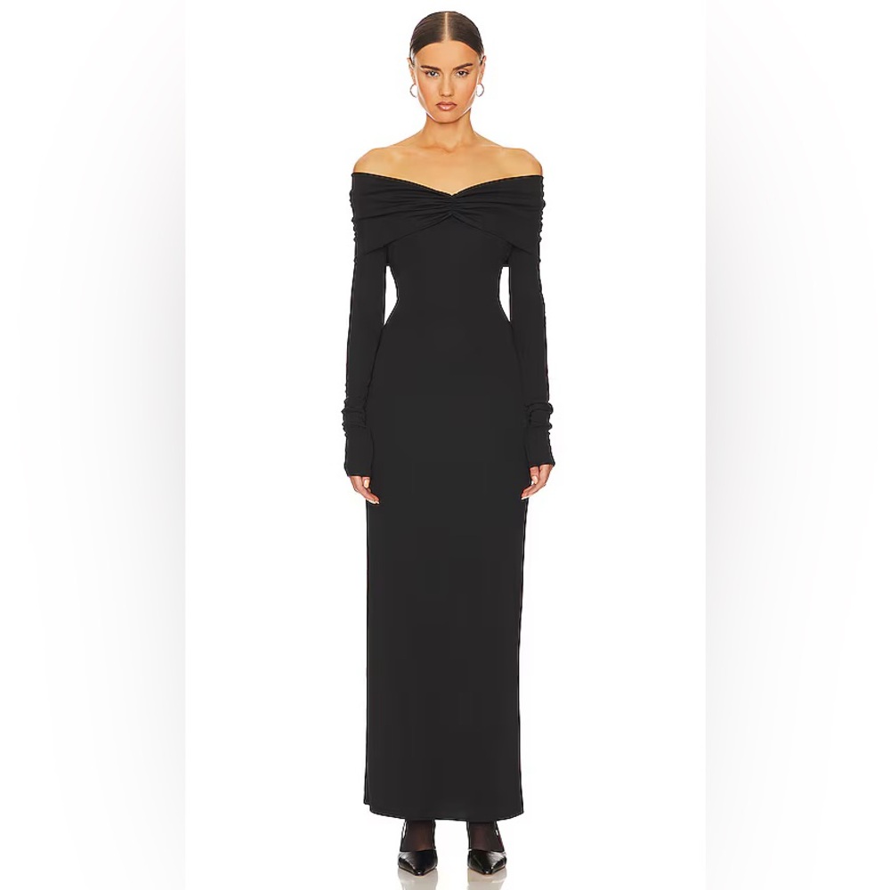 Helsa Matte Maxi Black Dress Jersey Off Shoulder Ruched Long Sleeve Size S